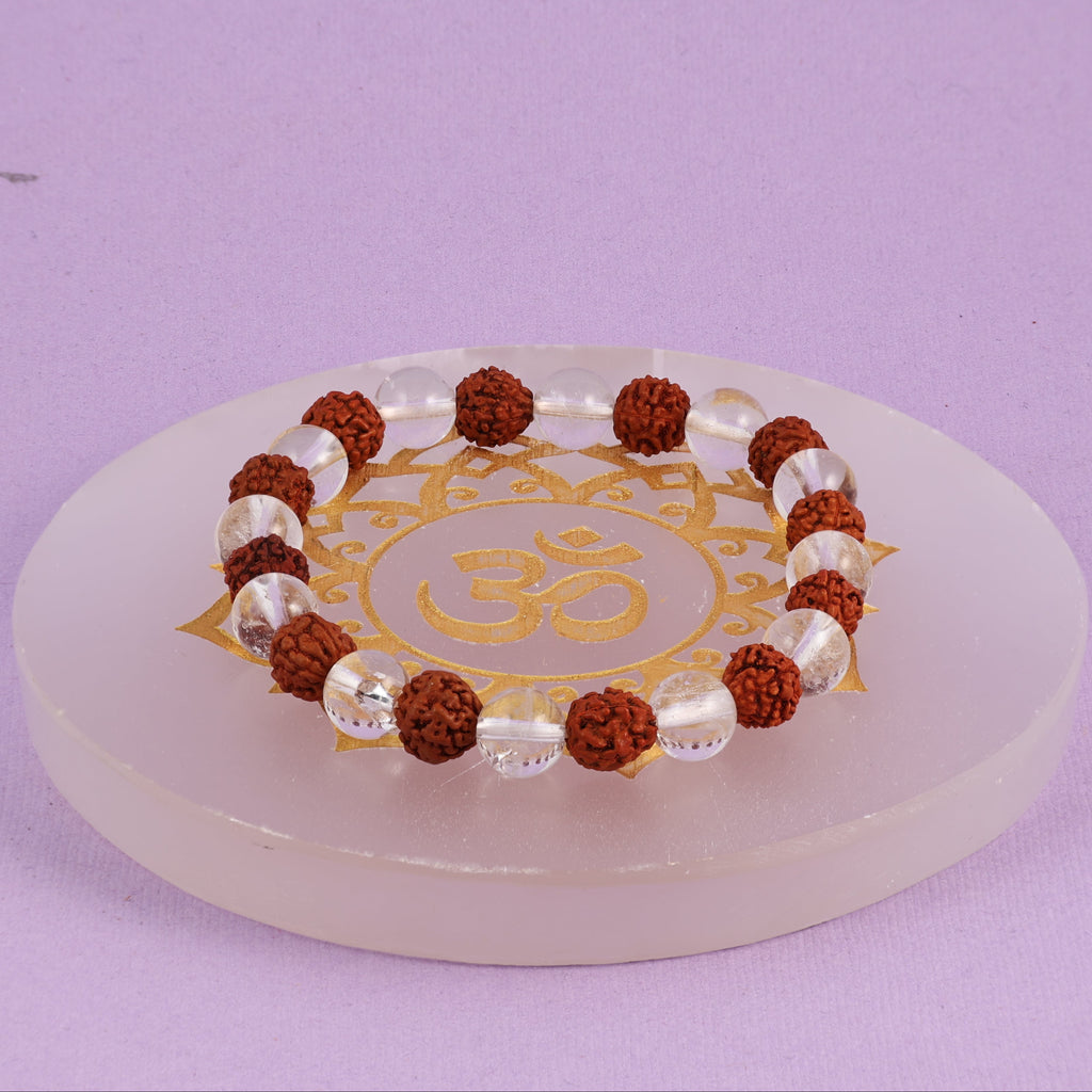 Natural Clear Quartz & 5 Mukhi Rudraksha Bracelet