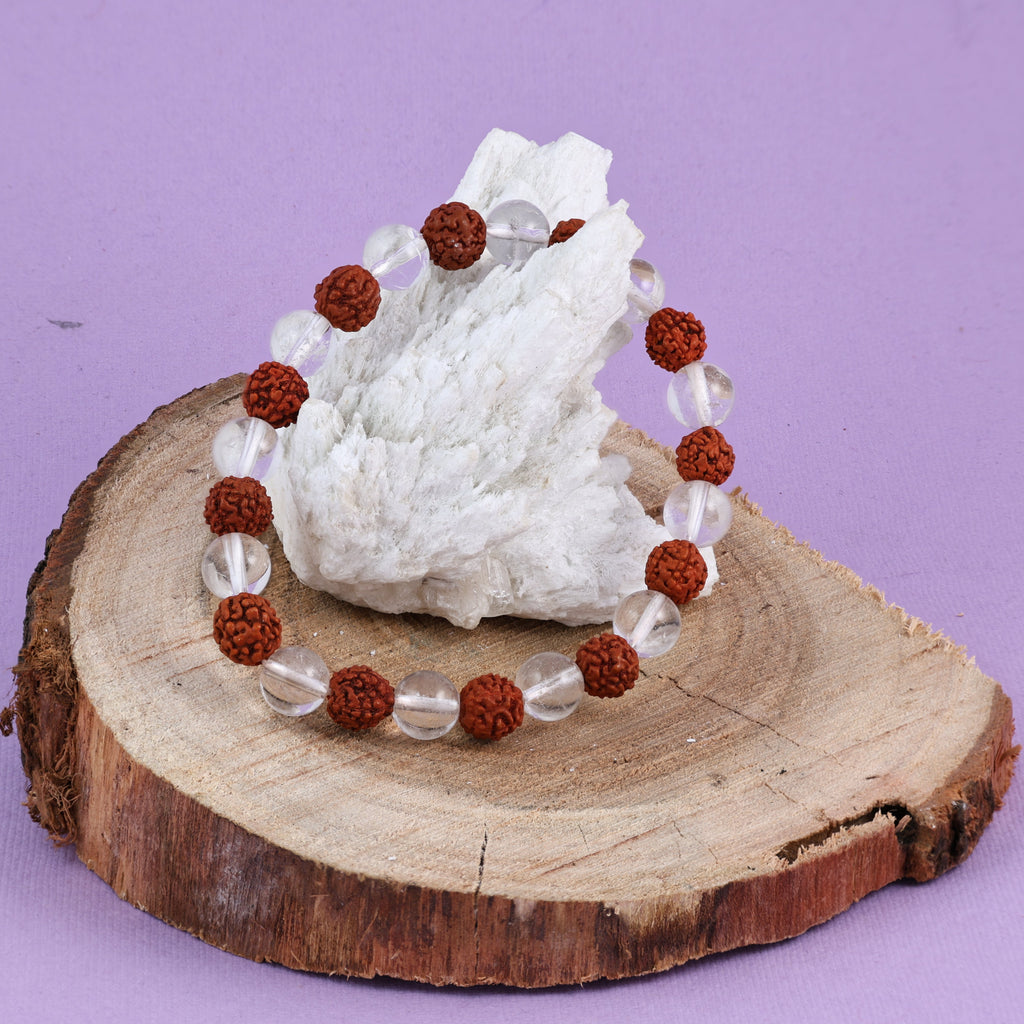 Natural Clear Quartz & 5 Mukhi Rudraksha Bracelet